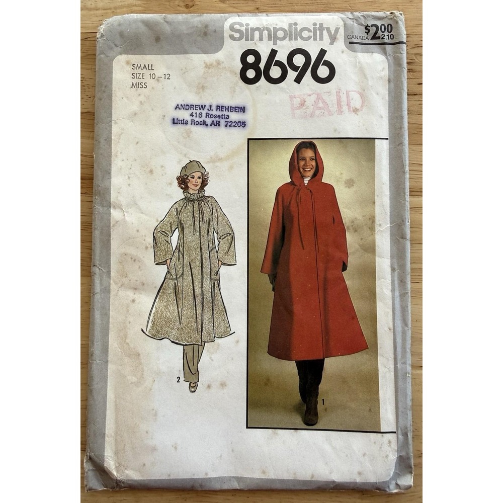 Simplicity Pattern 8696 Miss Small 10-12 Unlined Winter‎ Coat w Or w/o Hood UC